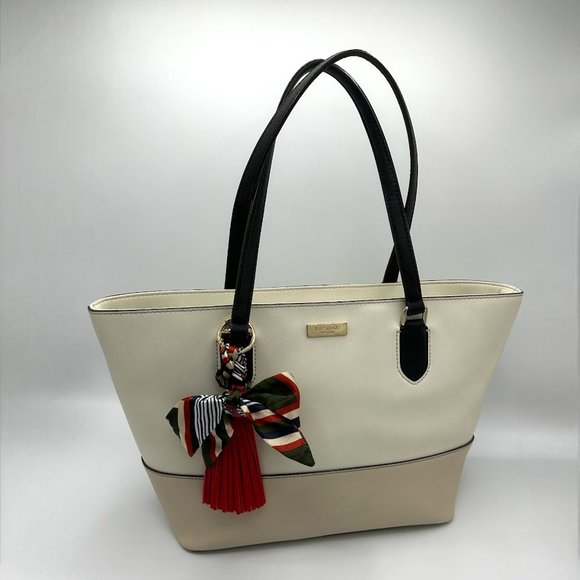 EUC Kate Spade Beige/Ivory/Black Colorblock Zip-Top Leather Tote + Bag Charm - Picture 8 of 16